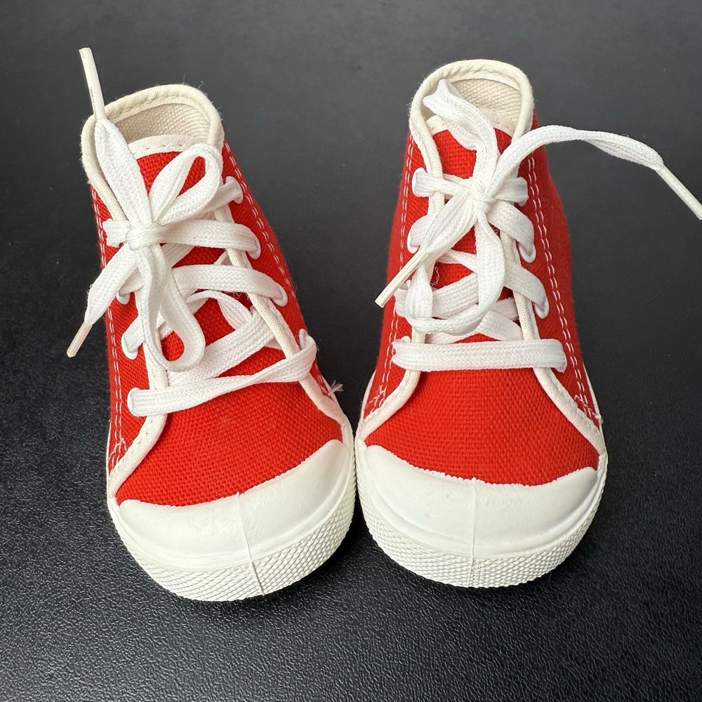 VTG 60s 70s Red White‎ Baby Shoes Hard Bottom High Top Sneaker Canvas Sz 1 NEW